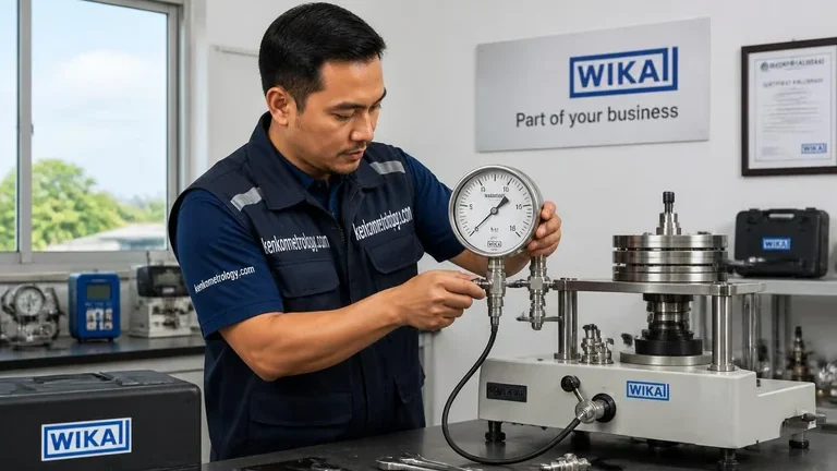 Teknisi melakukan jasa kalibrasi tekanan pada pressure gauge di laboratorium Teknisi melakukan jasa kalibrasi tekanan pada pressure gauge di laboratorium